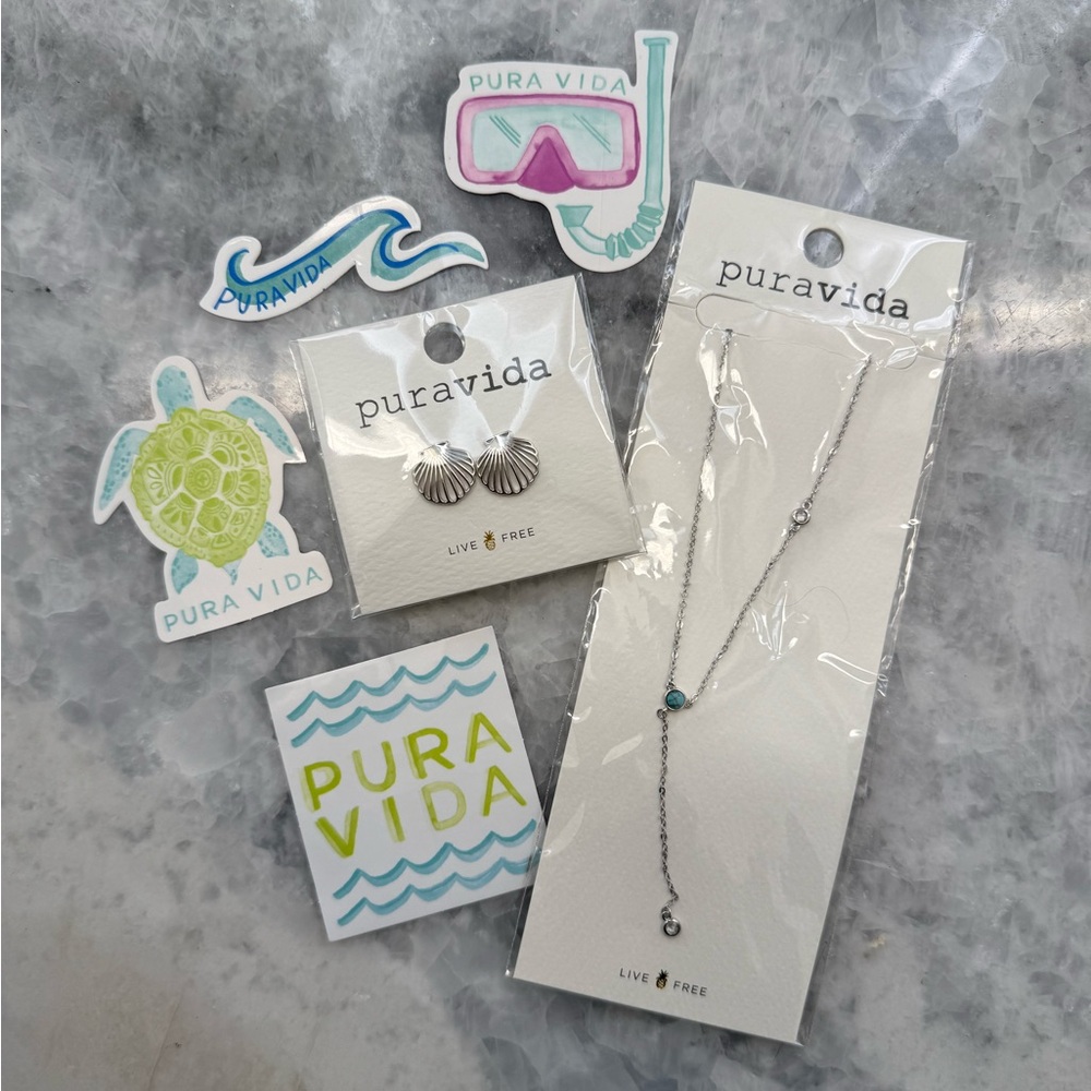 Pura Vida Silver Shell Earrings and Drop Necklaces